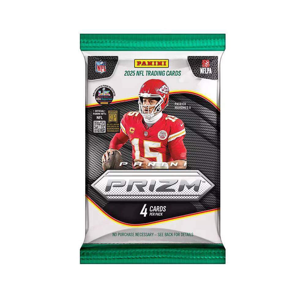 NFL PANINI 2025 NFL TRADING CARDS  
NELPA WAIMN  
KNPTNN X PASRICK MAHOMES II  
OFFICIAL SESE PANIN NITS  
NFL BLOCACKON  
PANINI 15 PRIZM  
4 CARDS PER PACK  
NO PURCHASE NECESSARY - SEE BACK FOR DETAILS