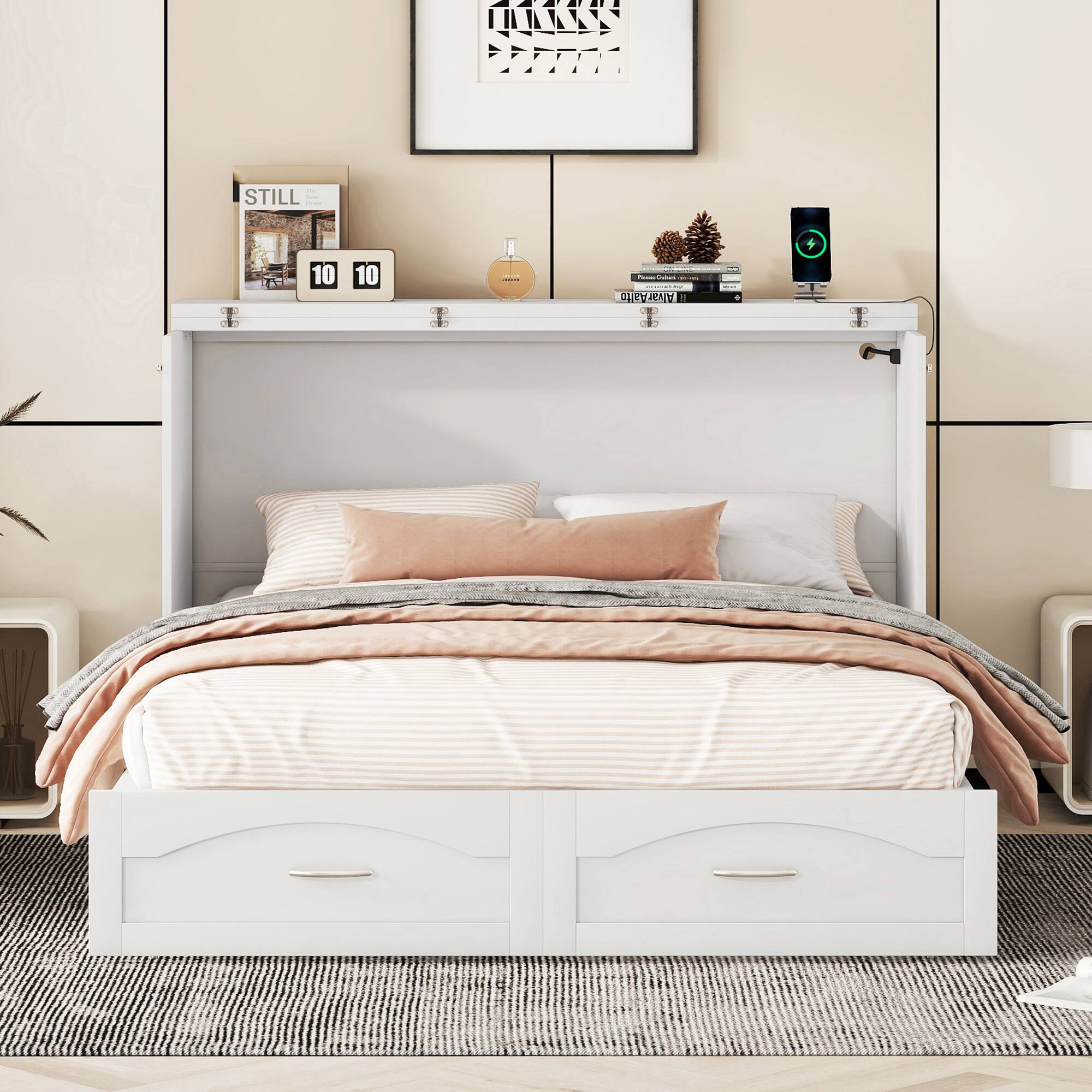 Angle. Tiramisubest - Queen Size White Murphy Wall Bed, Solid Wood+MDF, Pulley, Drawer & Sockets/USB, Space-Saving - White.