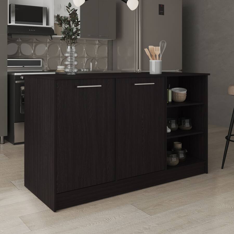 Cleanrage Area Loheer Kitchen Island with Cabinets Three Open Shelves and Seating ...