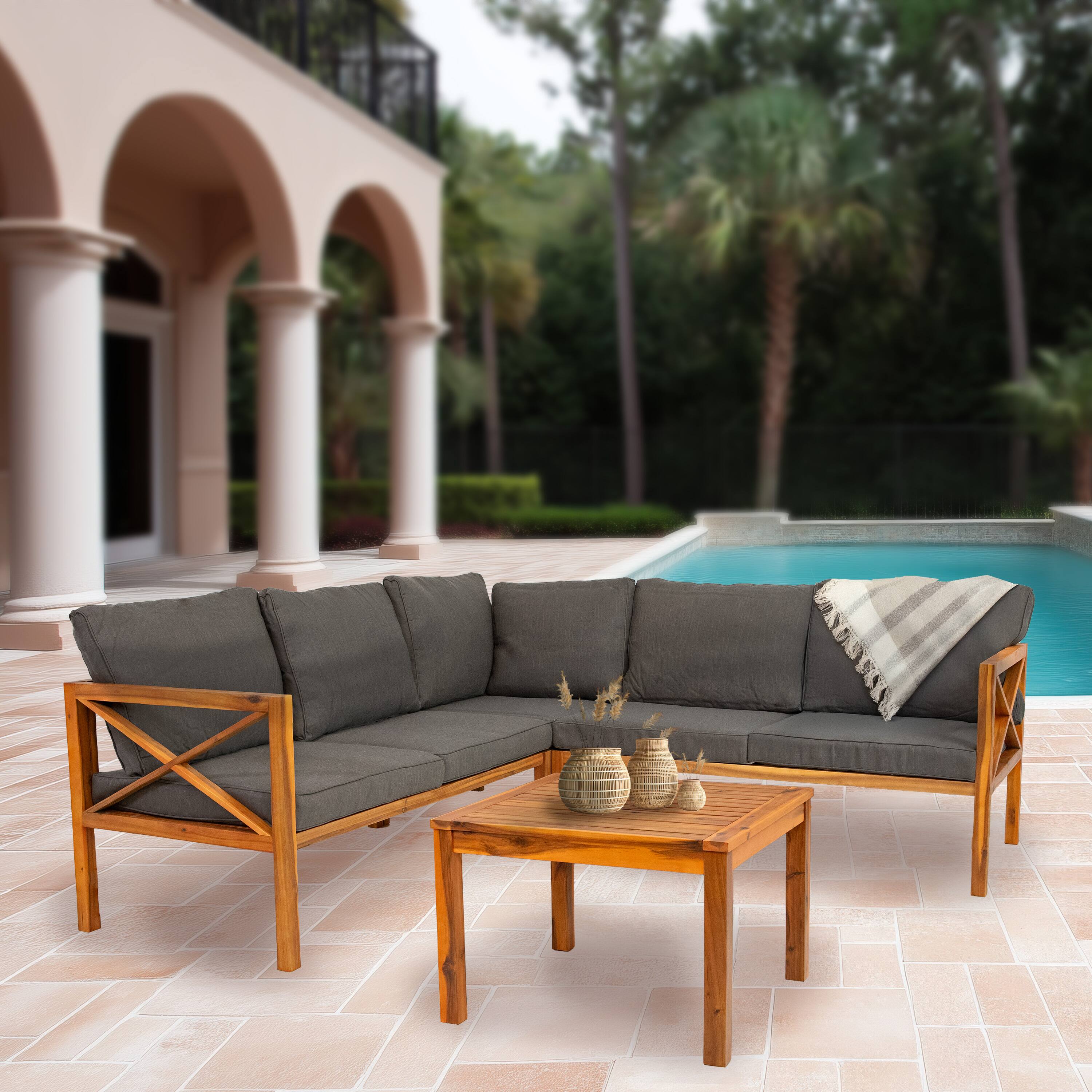 Alt View 5. Sunnydaze - Edisto 4 Piece Acacia Outdoor Conversation Set - Natural Gray.