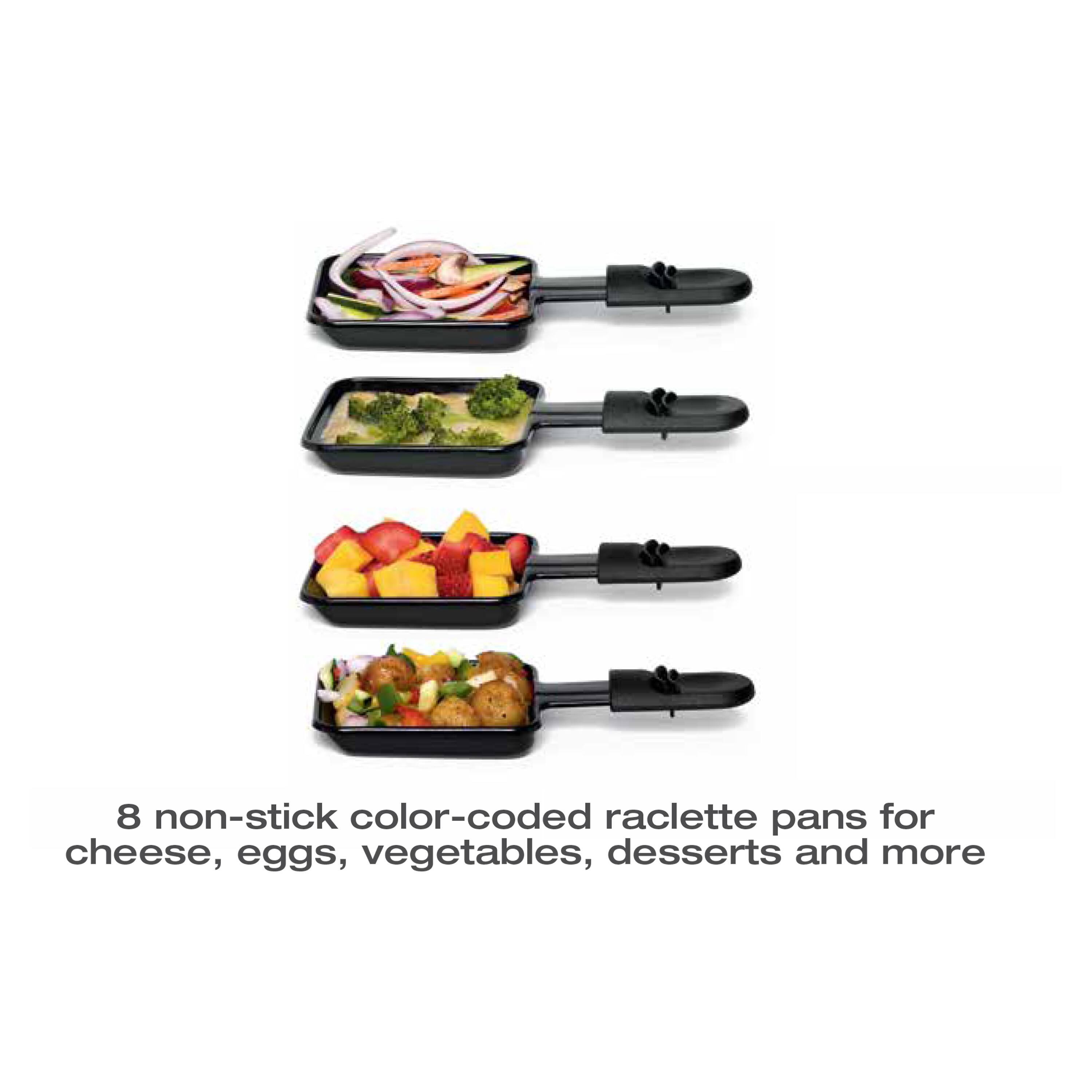 8 non-stick color-coded raclette pans for cheese, eggs, vegetables, desserts and more