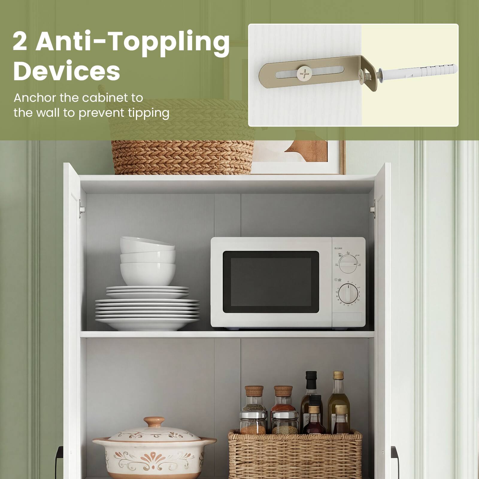 2 Anti-Topping Devices  
Anchor the cabinet to the wall to prevent tipping
