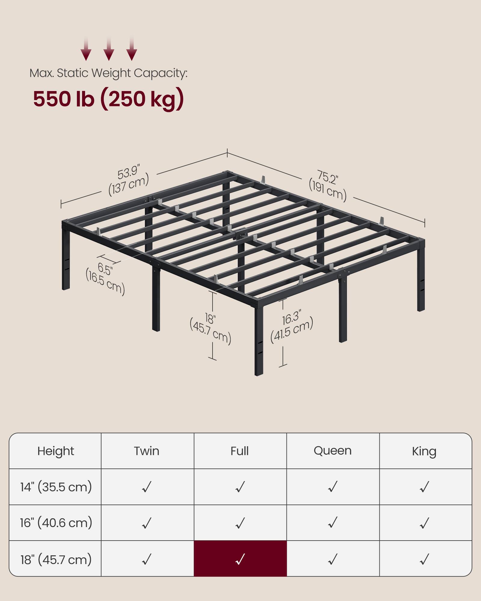 Max. Static Weight Capacity: 550 lb (250 kg)  
53.9" (137 cm)  
75.2" (191 cm)  
6.5" (16.5 cm)  
18" (45.7 cm)  
16.3" (41.5 cm)  

Height | Twin | Full | Queen | King  
14" (35.5 cm) | ✓ | ✓ | ✓ | ✓  
16" (40.6 cm) | ✓ | ✓ | ✓ | ✓  
18" (45.7 cm) | ✓ | ✓ | ✓ | ✓