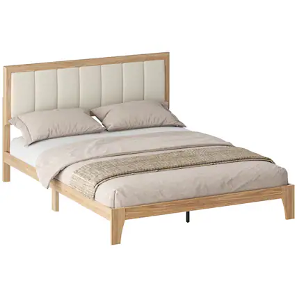 Front. Homcom - Bed Frame with Headboard Queen Platform Bed Frame with Wooden Slats No Box Spring Needed Easy Assembly - Natural.