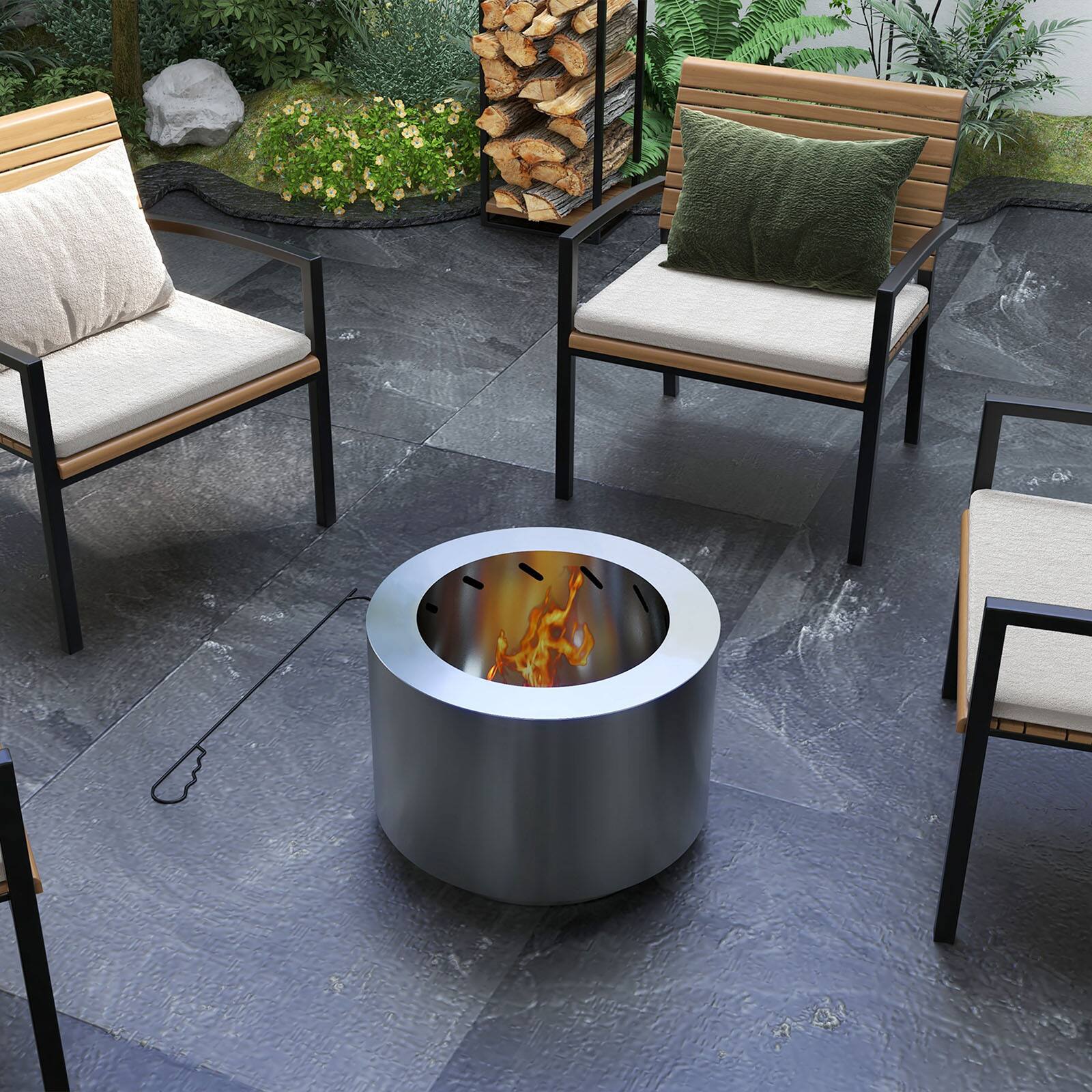 Alt View 7. Chateau Abodes - 19" Smokeless Fire Pit, Portable Wood Burning with Poker, Low Smoke for Camping, Backyard, Patio & Picnic - Silver.