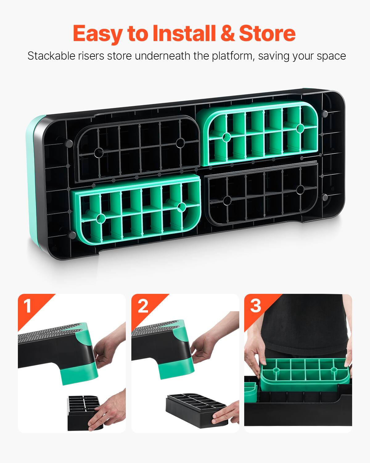 Easy to Install & Store

Stackable risers store underneath the platform, saving your space

1
2
3
