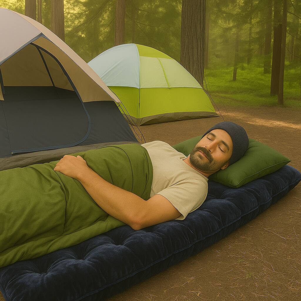 Angle. BreeBe - Portable Camping Cot Mattress with Plush Crystal Velvet Surface - Navy.