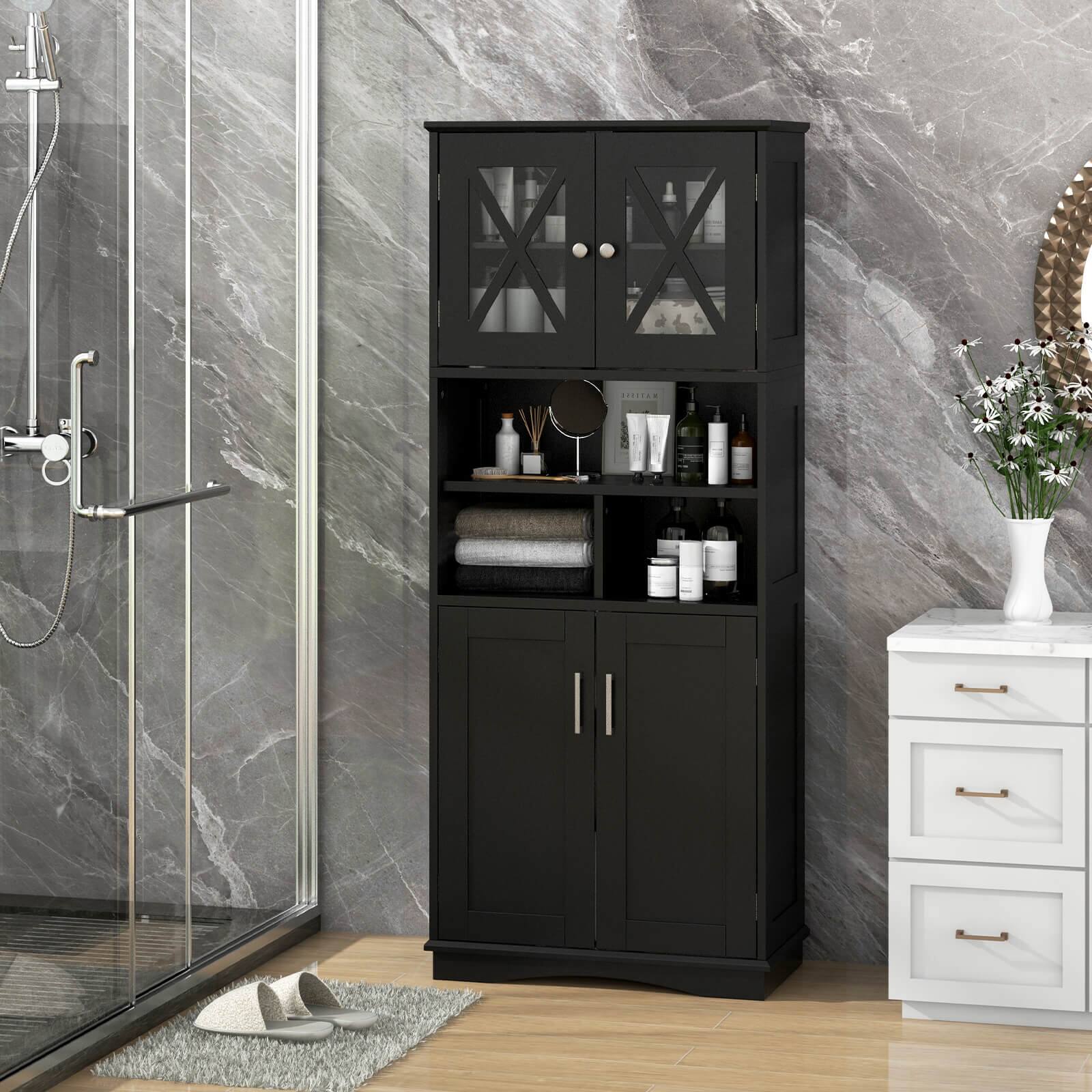 Left. Costway - Costway Tall Bathroom Cabinet Large Floor Storage Cabinet with Acrylic Doors & 3 Cubes Black - Black.