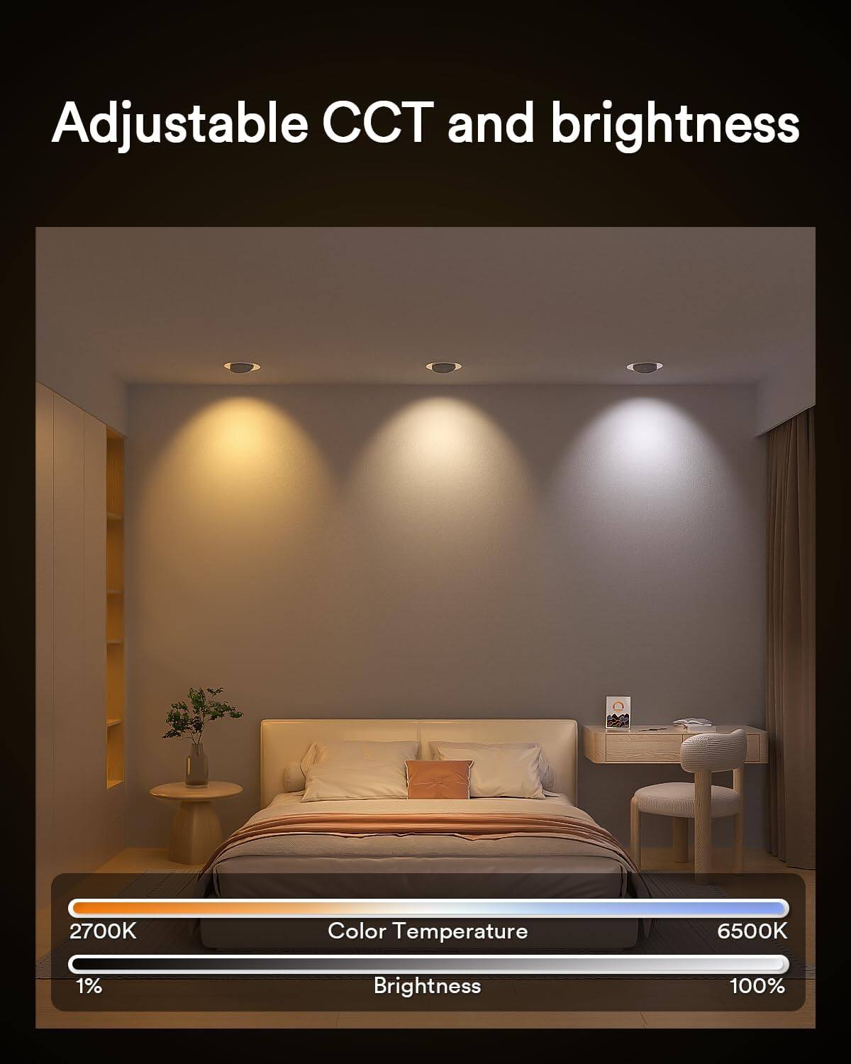 Adjustable CCT and brightness  
2700K - 6500K Color Temperature  
1% - 100% Brightness