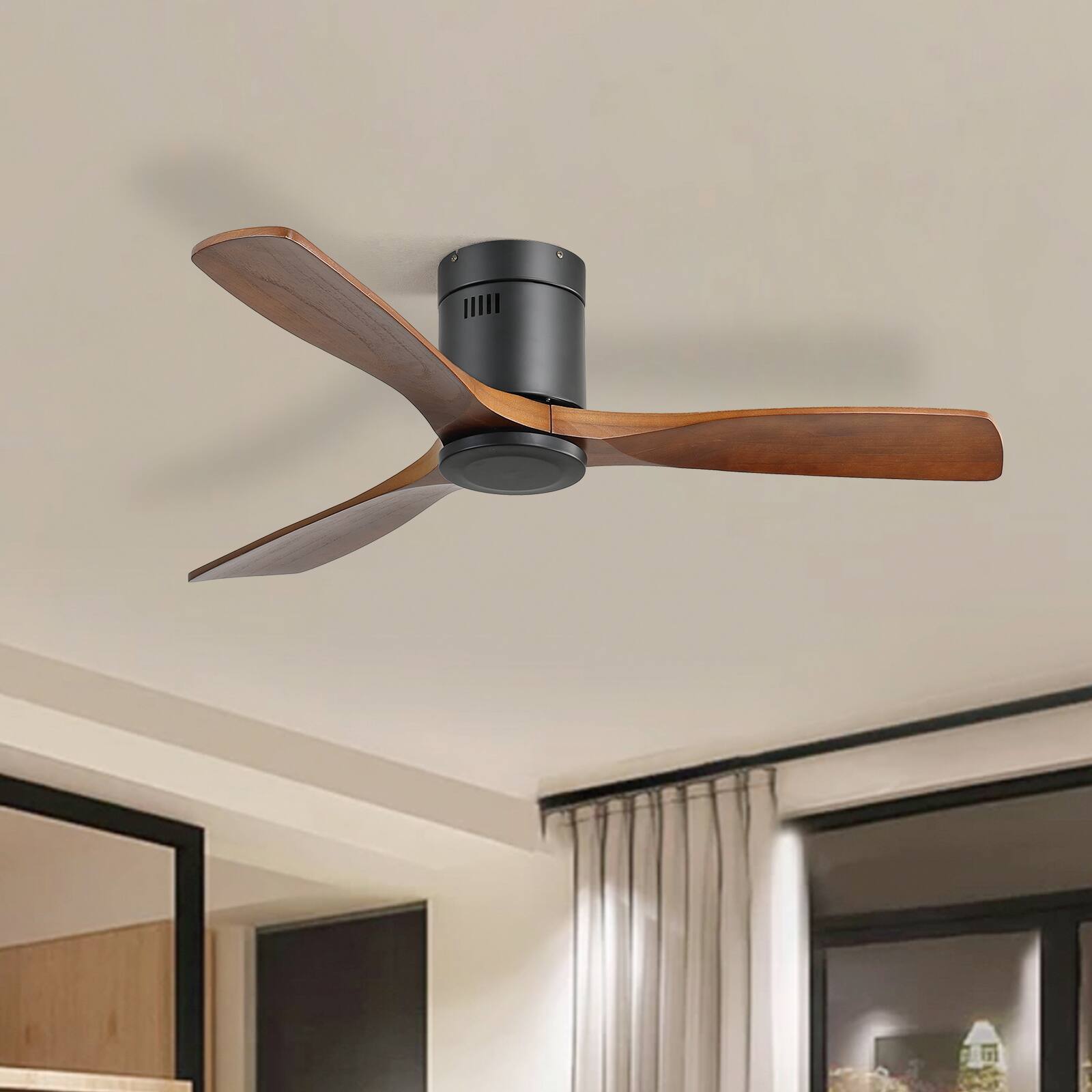 Alt View 5. Sofucor - 52'' Smart Ceiling Fan No Light Flush Mount Solid Wood Ceiling Fan w/ Voice & App & Remote Control for Bedroom/Farmhouse - Black-Walnut Wood.