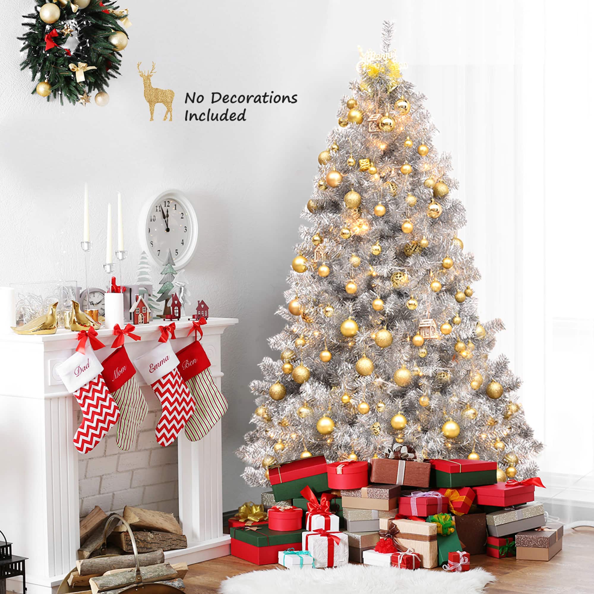 Gymax - 7.5 FT Tinsel Christmas Tree Artificial Hinged Tree Holiday Decoration - Silver