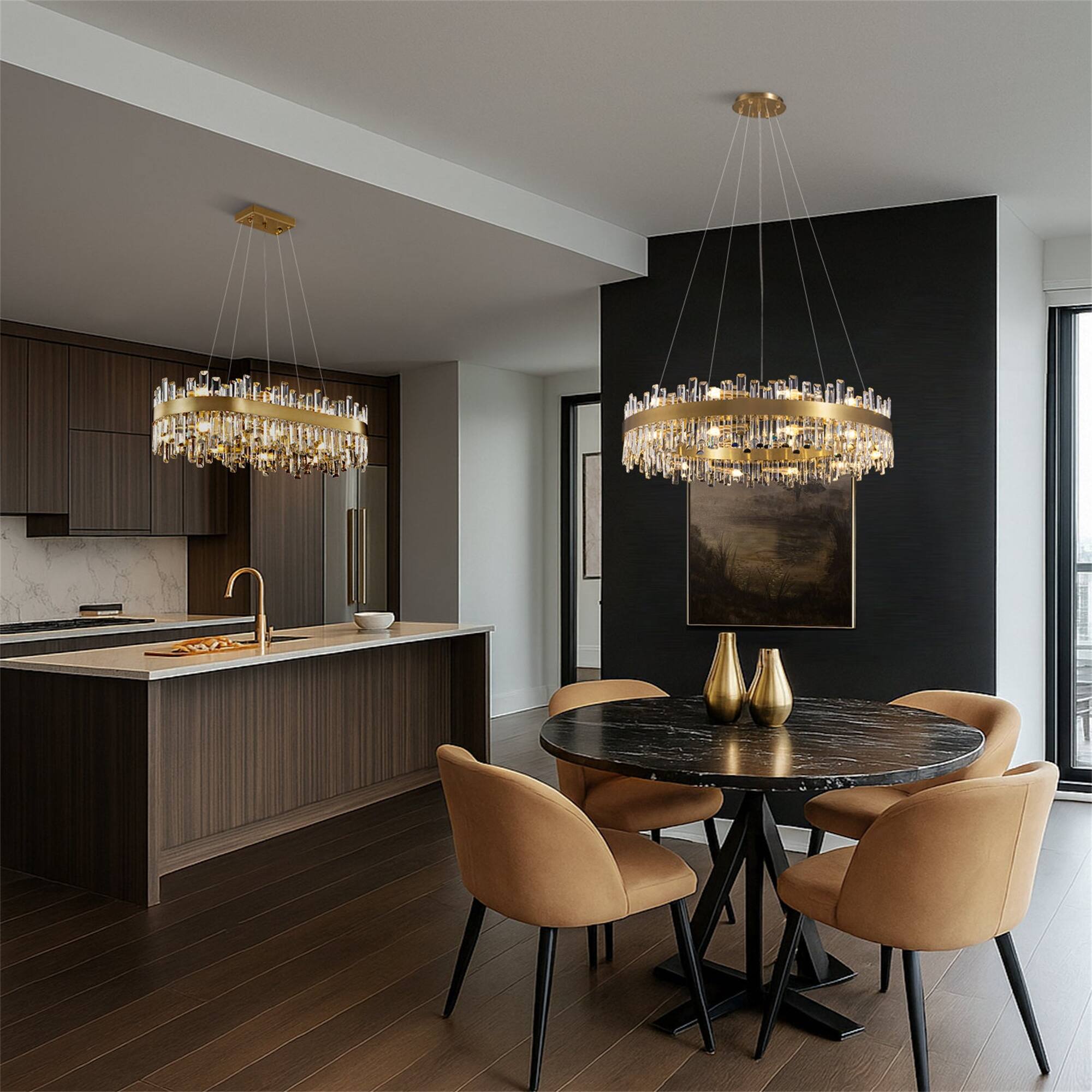 Alt View 2. Siljoy - Siljoy 20-Light Brushed Gold Rectangle Chandelier, 52in K9 Crystal Raindrop E12 Pendant for Dining/Living/Kitchen - Gold.