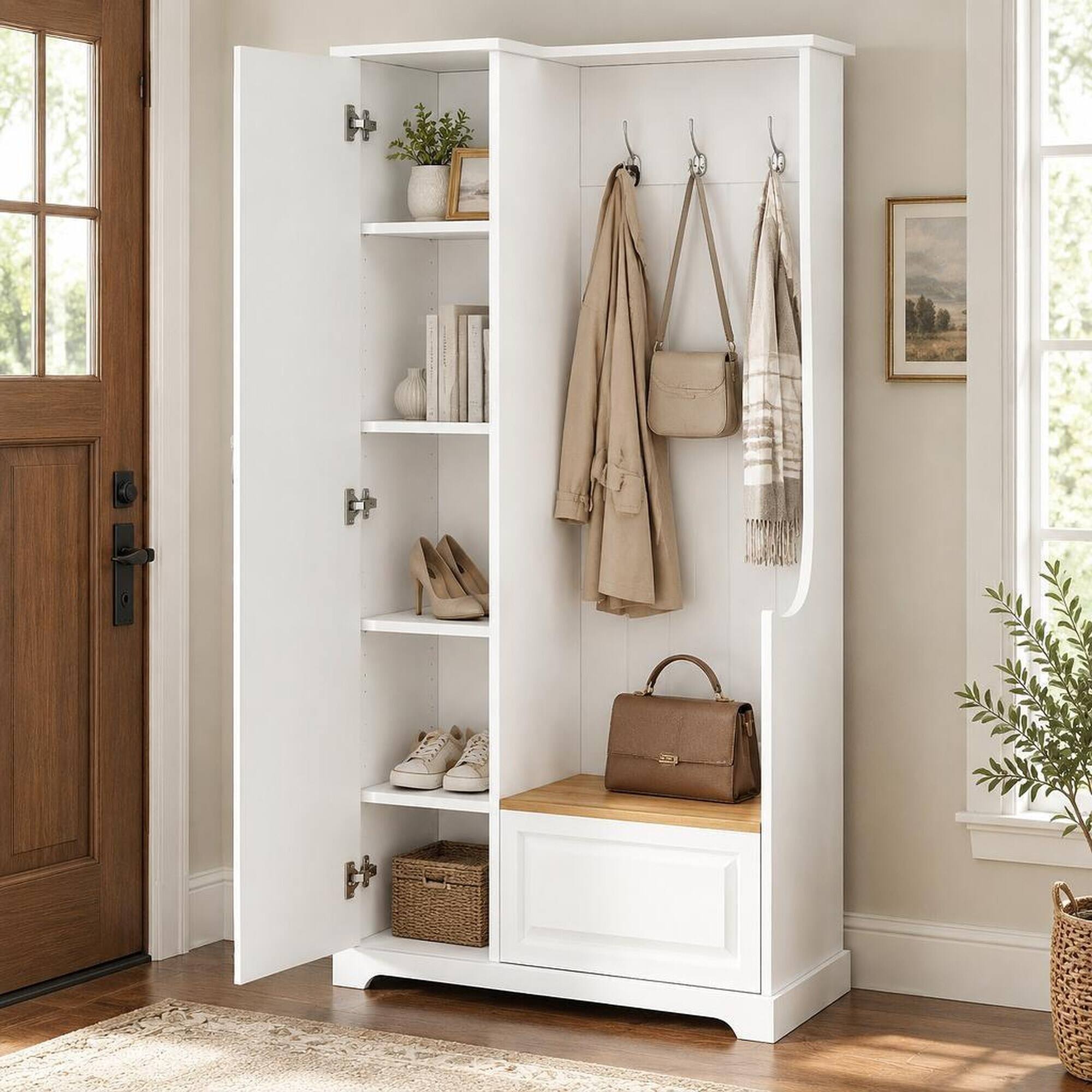 Front. RYHNUYNE - White Hall Tree, Flip-Up Bench, 4 Shelves with 2 Adjustable, 3 Hooks, MDF and Particle Board, 35.55 in Wide, Entryway - White.
