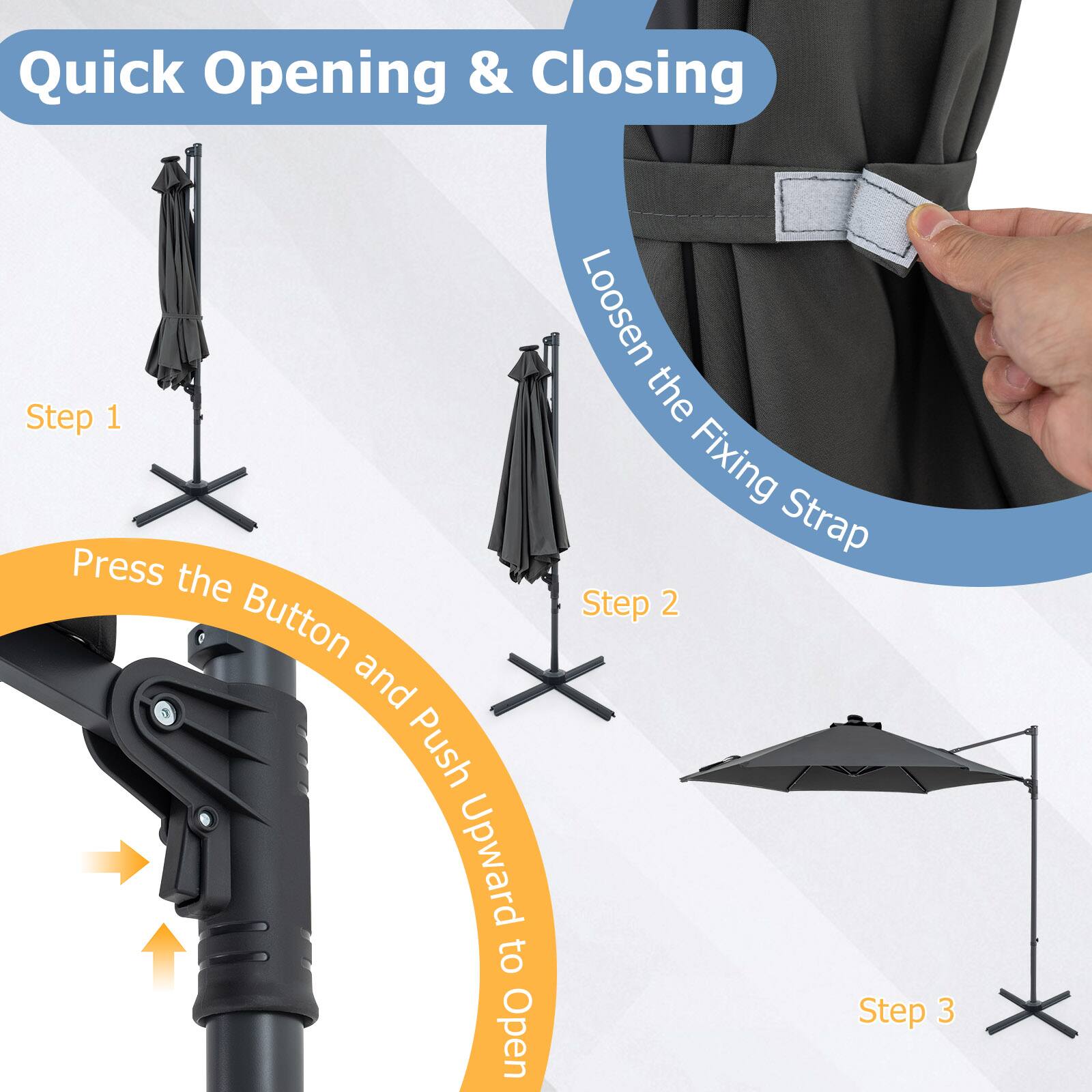 Quick Opening & Closing

Step 1: Loosen the Fixing Strap

Step 2: Press the Button and Push Upward to Open

Step 3
