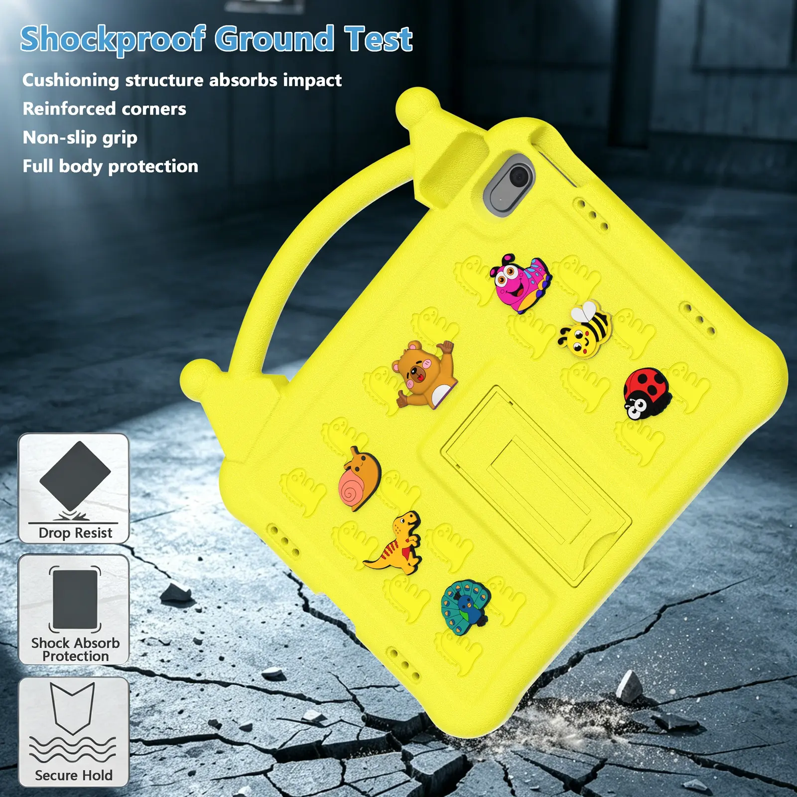 Shockproof Ground Test  
Cushioning structure absorbs impact  
Reinforced corners  
Non-slip grip  
Full body protection  

Drop Resist  
Shock Absorb Protection  
Secure Hold