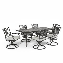 Mondawe - 7-Piece Outdoor Dining Set with Umbrella Hole Table and Swivel Rocking Chairs with Cushions - Bronze+White