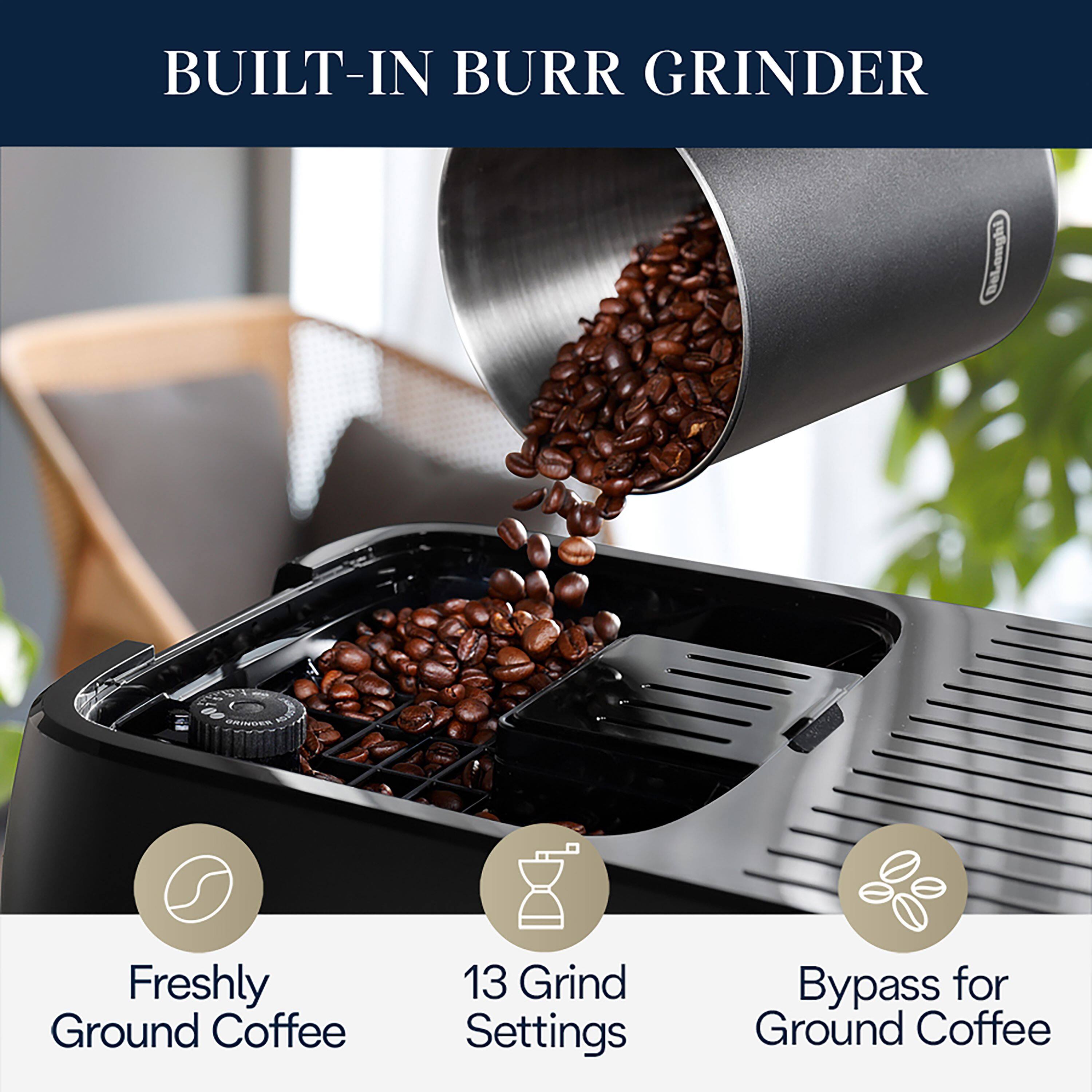 Built-in Burr Grinder: Freshly Ground Coffee with 13 Grind Settings and Bypass for Ground Coffee