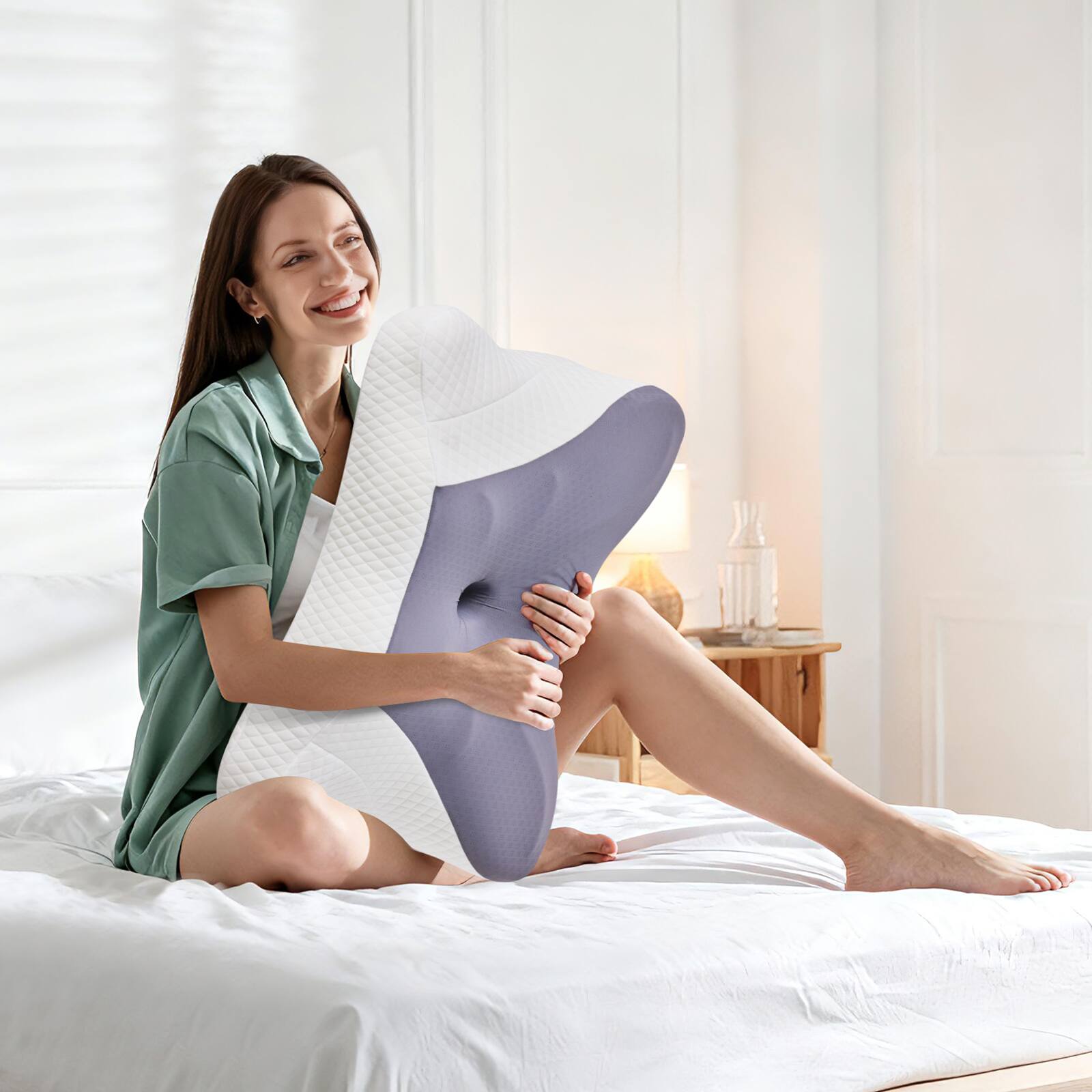 Left. AENKYO - Cervical Neck Pillow  Pain Relief Ergonomic Memory Foam Pillows for Sleeping - Dark Gray.