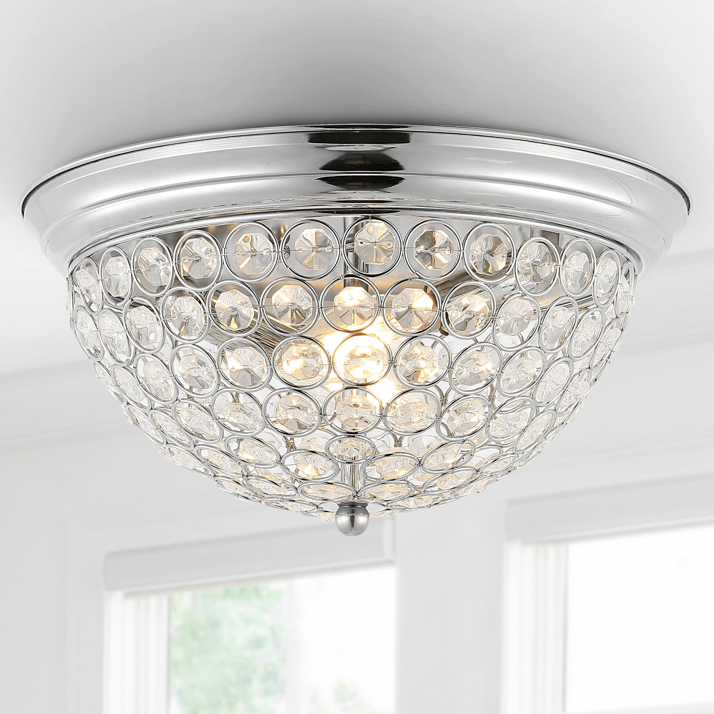 Alt View 1. Jonathan Y - Malia 12" 1-Light Traditional Transitional Iron LED Flush Mount, Chrome/Clear (Set of 2) - Chrome.