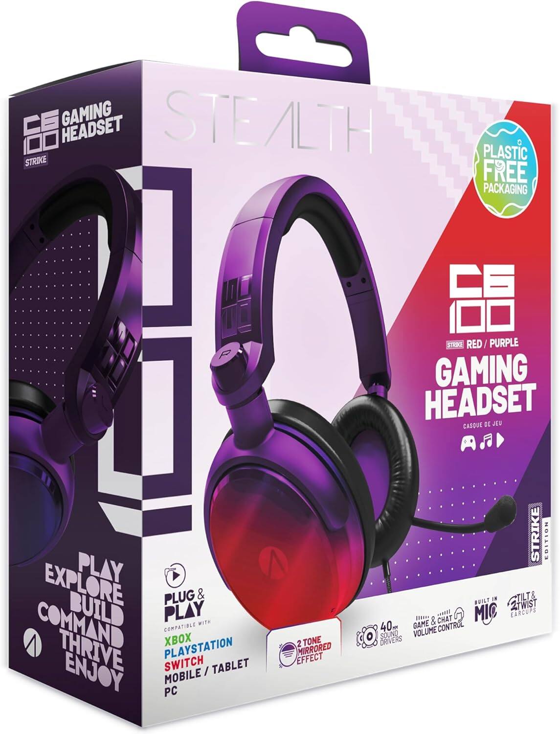CE Gaming Headset Stealth 100  
Strike Edition  
Red / Purple  

Plastic Free Packaging  

Play Explore Build Command Thrive Enjoy  

Plug & Play  
Compatible with:  
Xbox  
PlayStation  
Switch  
Mobile / Tablet  
PC  

2 Tone Mirrored Effect  

40mm Drivers  
Game & Chat Volume Control  
Built-in Mic  
Tilt & Twist Earcups  

CE Gaming Headset  
Stealth 100  
Strike Edition  
Red / Purple  

Plastic Free Packaging  

Play Explore Build Command Thrive Enjoy  

Plug & Play  
Compatible with:  
Xbox  
PlayStation  
Switch  
Mobile / Tablet  
PC  

2 Tone Mirrored Effect  

40mm Drivers  
Game & Chat Volume Control  
Built-in Mic  
Tilt & Twist Earcups