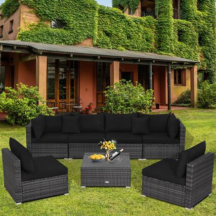 Front. Gymax - Gymax 7PCS Patio Rattan Sectional Sofa Set Outdoor Furniture Set w/ Black Cushions - Black.