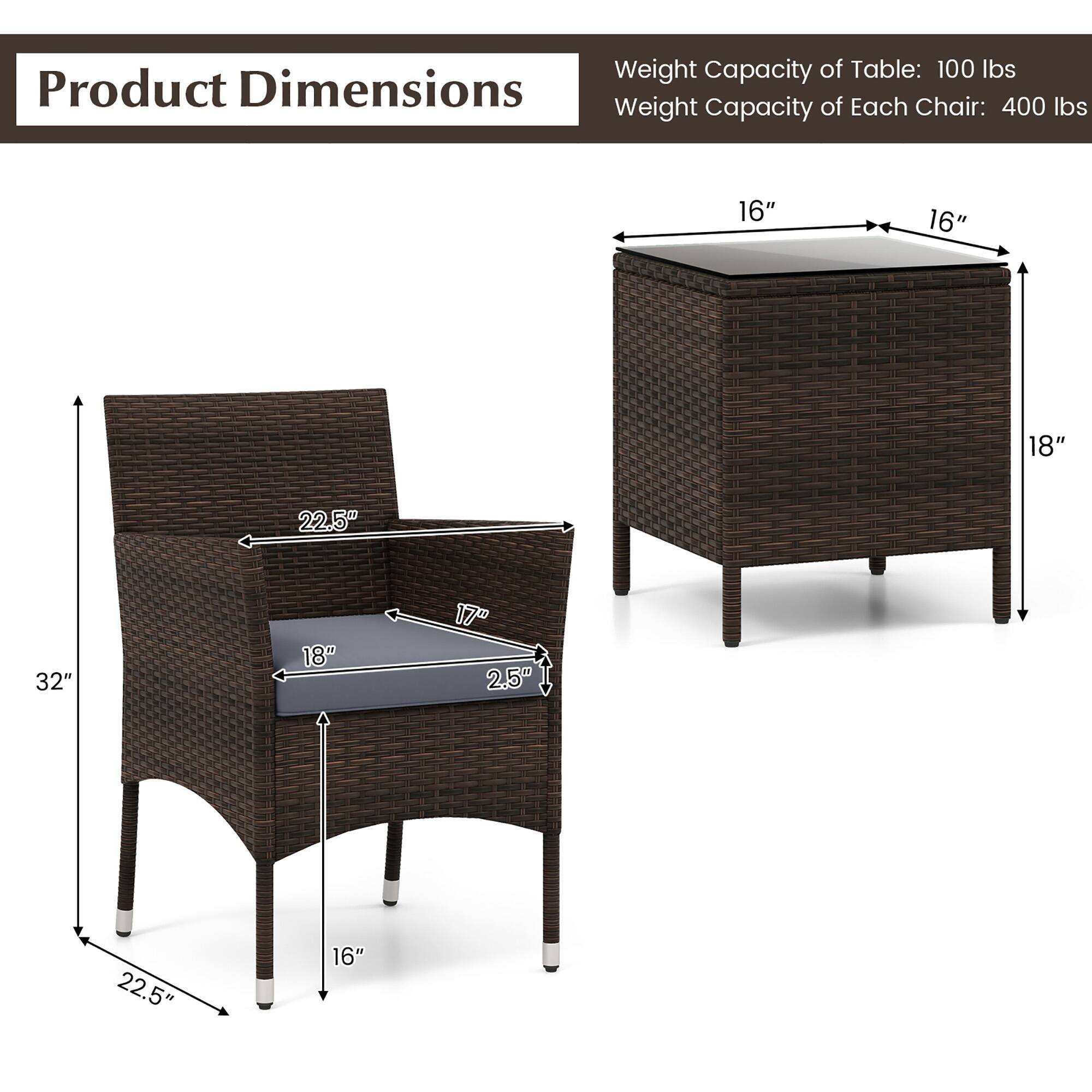 Product Dimensions of Each Chair: 400 lbs Weight Capacity 16" 16" 18" 22.5" 32" 18" 17" 2.5" 22.5" 16"