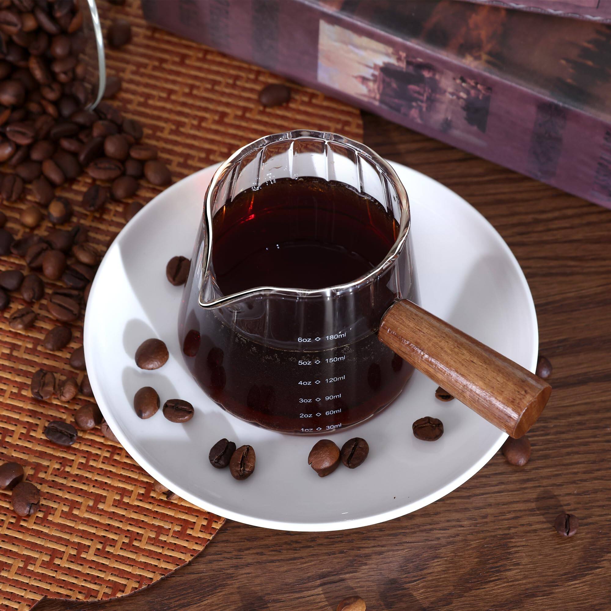Dapper Styles Espresso Measuring Cup Glass Cups With Wood Handle Milk ...