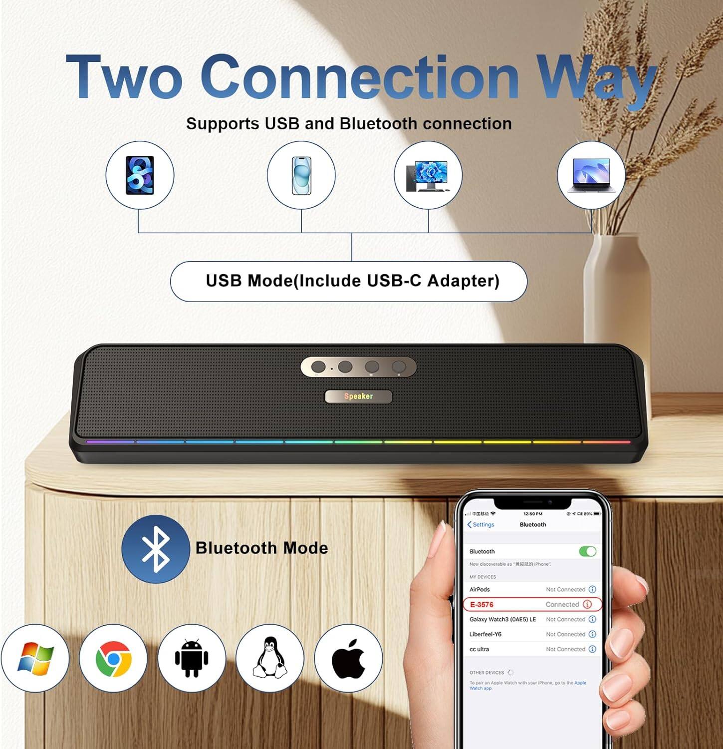 Two Connection Way  
Supports USB and Bluetooth connection  

USB Mode (Include USB-C Adapter)  

Bluetooth Mode  

Settings  
Bluetooth  
- AirPods: Not Connected  
- E-3576: Connected  
- Galaxy Watch3 (A045LE): Not Connected  
- Libereel-YG: Not Connected  
- cc curia: Not Connected  

DEVICES  
- Windows  
- Chrome  
- Android  
- Linux  
- Apple