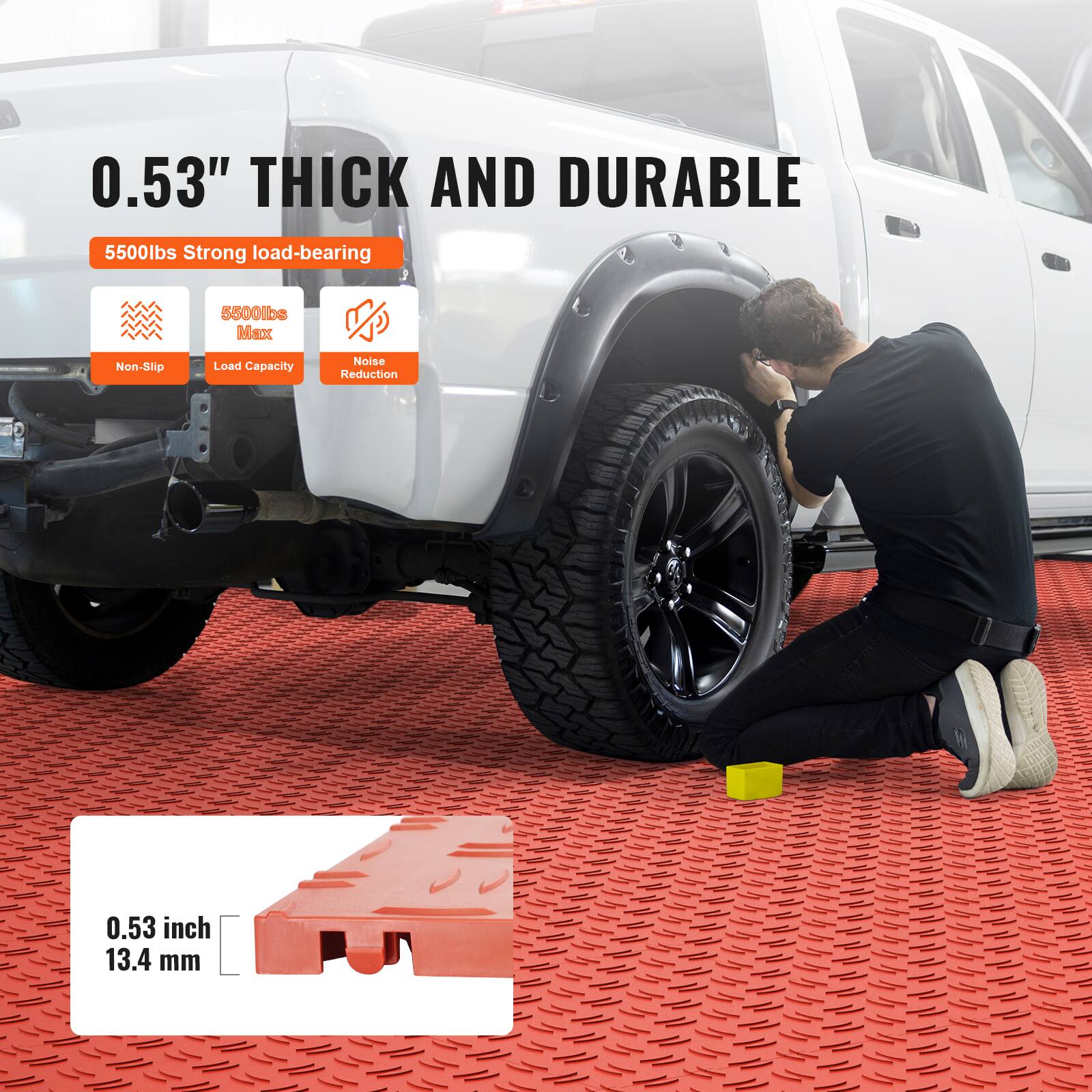 0.53" THICK AND DURABLE

5500lbs Strong load-bearing

5500lbs Max Non-Slip Load Capacity

Noise Reduction

0.53 inch 13.4 mm