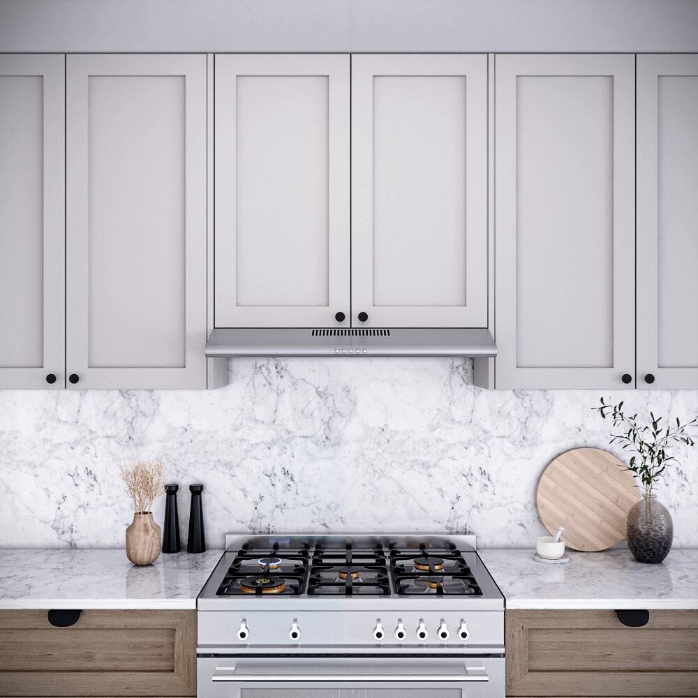 Left. Streamline - 36 in. Tigli Ductless Undermount 80 CFM Range Hood, Mesh Filters, Push Button Control, LED Light - Brushed Stainless Steel.