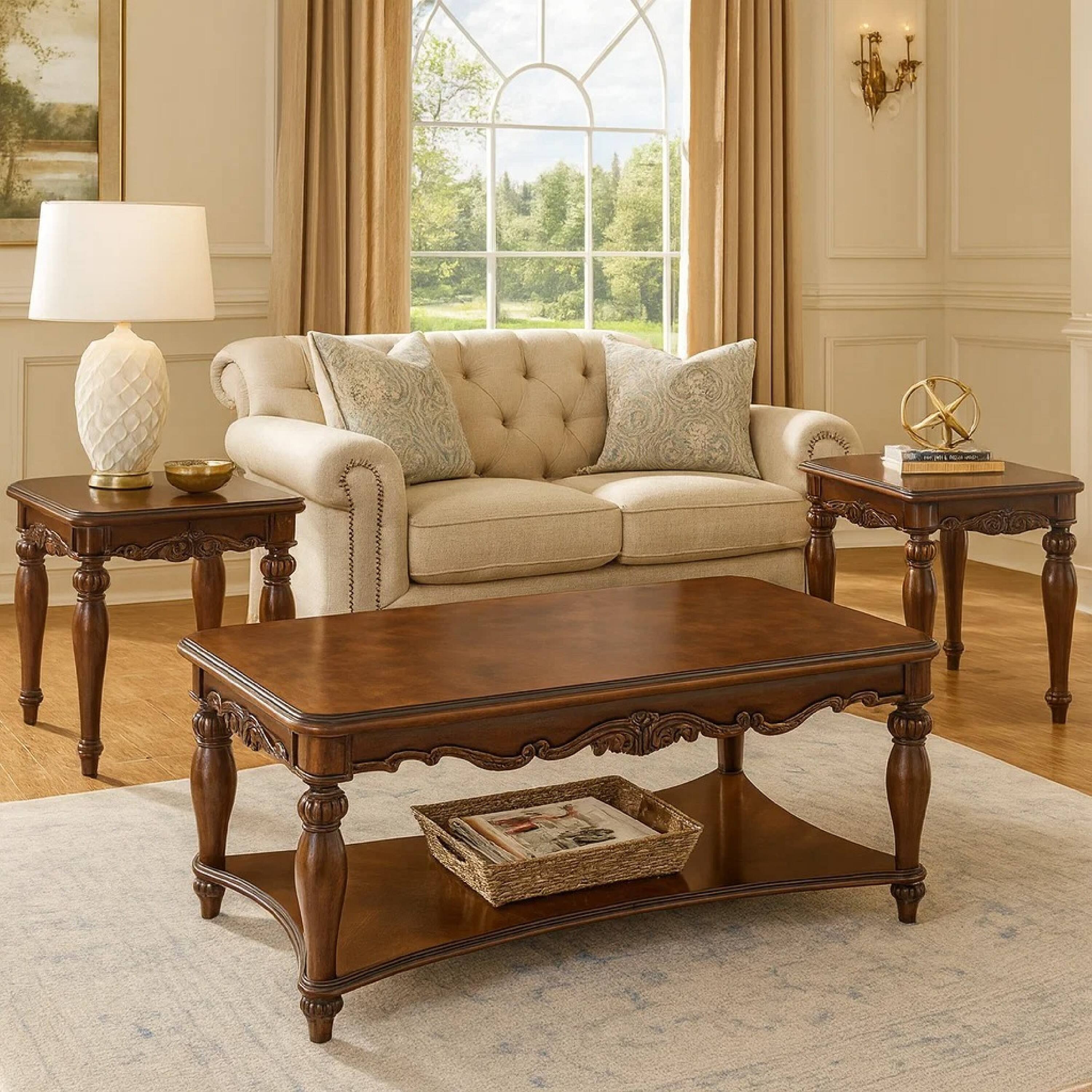 Alt View 6. Manhattan Lane - Wooden Coffee & End Tables Set, Cherry Brown, Pack of 3 - Brown.