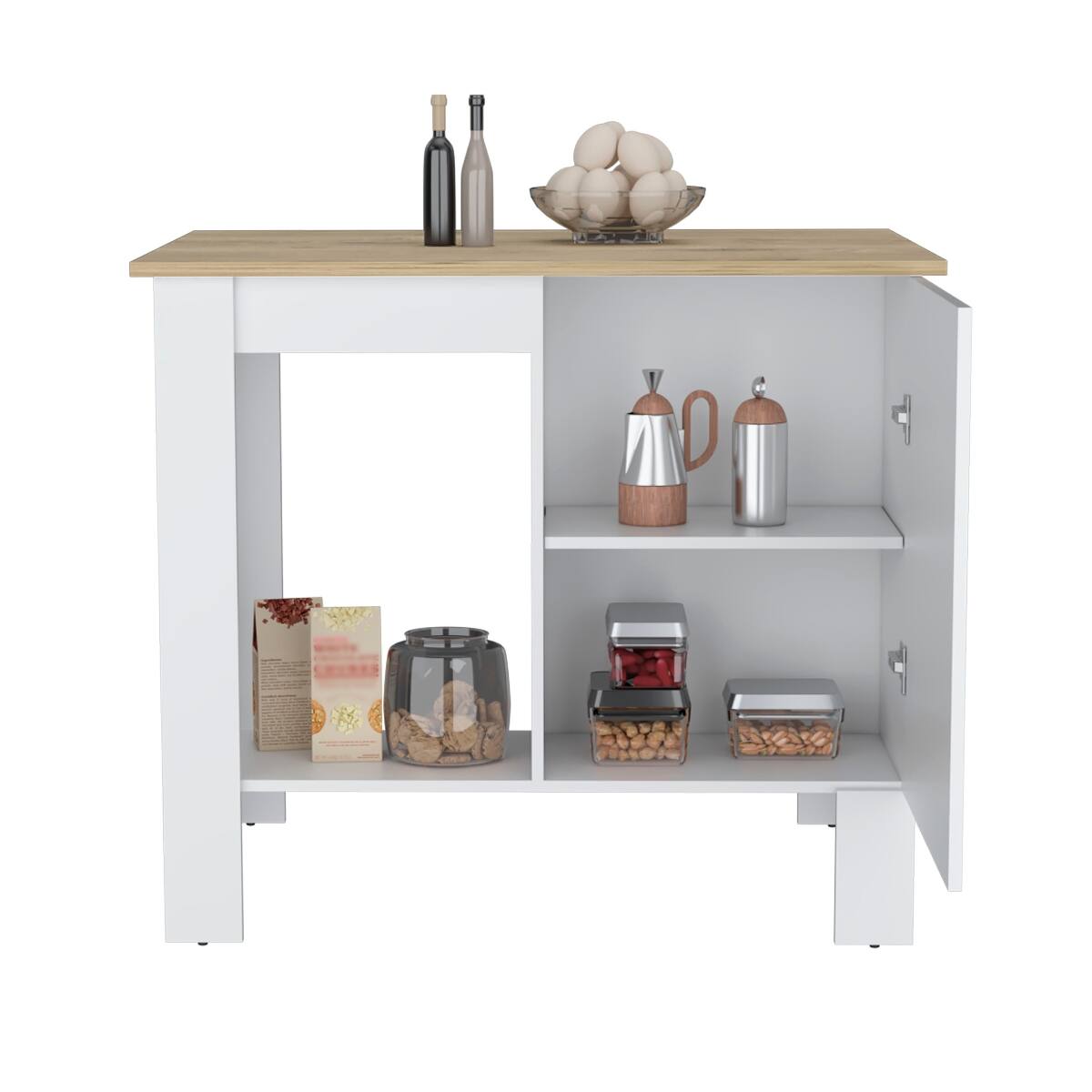 Back. Loheer - Loheer White Kitchen Island with Single Door Cabinet and Macadamia Finish Top - White.