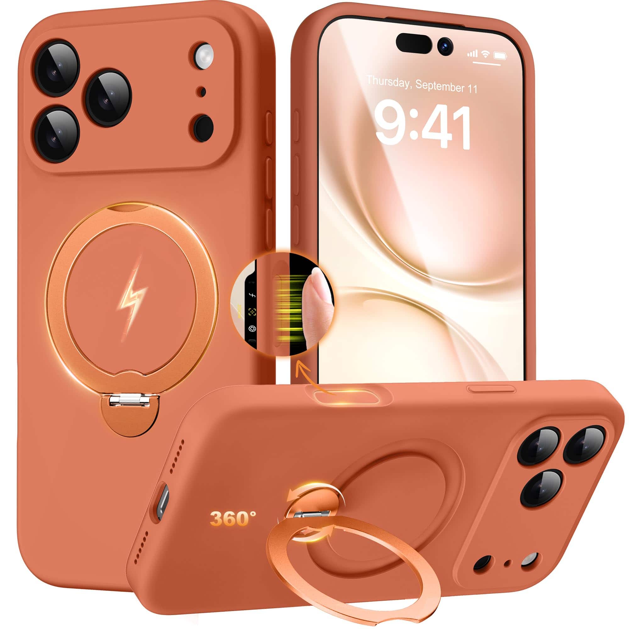 VEGA AUTOMOTIVE - For Pro Case With Spin Magnetic Stand Full Body Shockproof Liquid Silicone Ring Kickstand 6 3 Stone - 1-Rose Orange