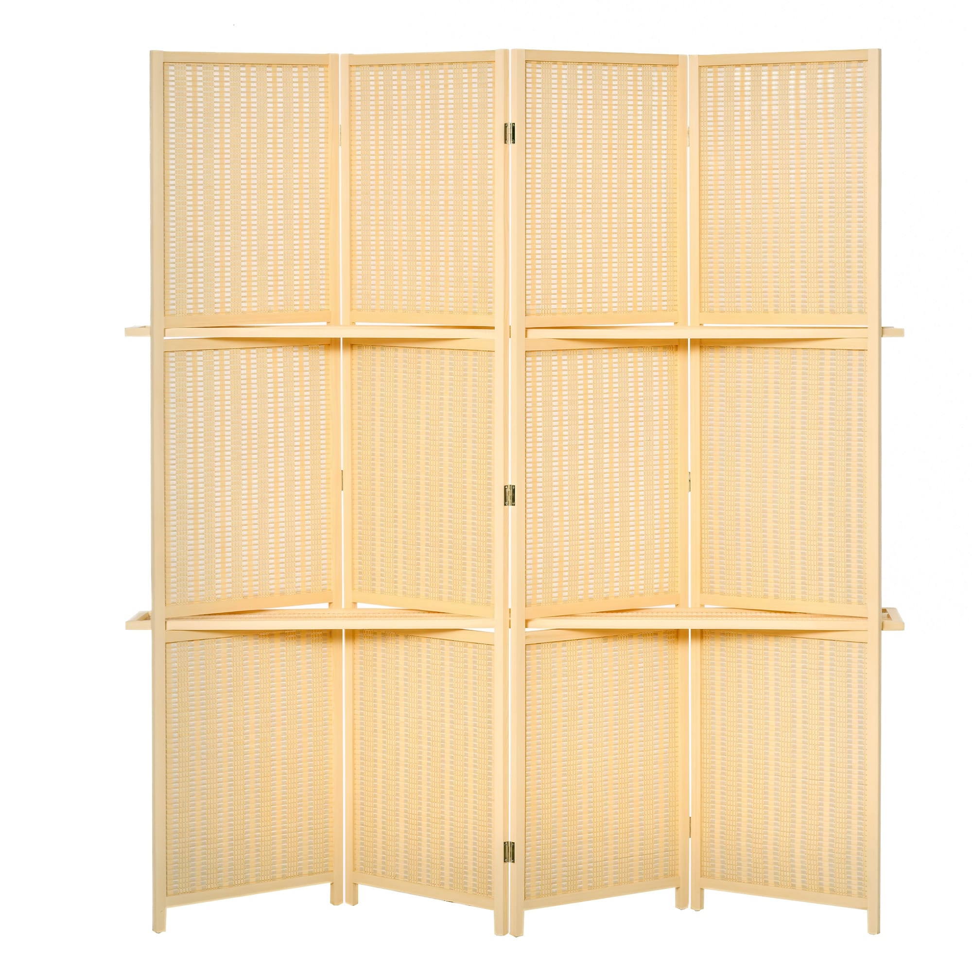 Homcom - 4-Panel Folding Room Divider, 6 Ft Freestanding Bamboo Privacy Screen Panel with Storage Shelves for Bedroom or Office - Natural Wood