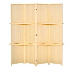 Homcom - 4-Panel Folding Room Divider, 6 Ft Freestanding Bamboo Privacy Screen Panel with Storage Shelves for Bedroom or Office - Natural Wood