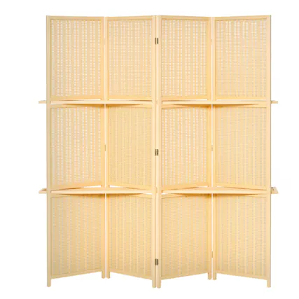 Front. Homcom - 4-Panel Folding Room Divider, 6 Ft Freestanding Bamboo Privacy Screen Panel with Storage Shelves for Bedroom or Office - Natural Wood.