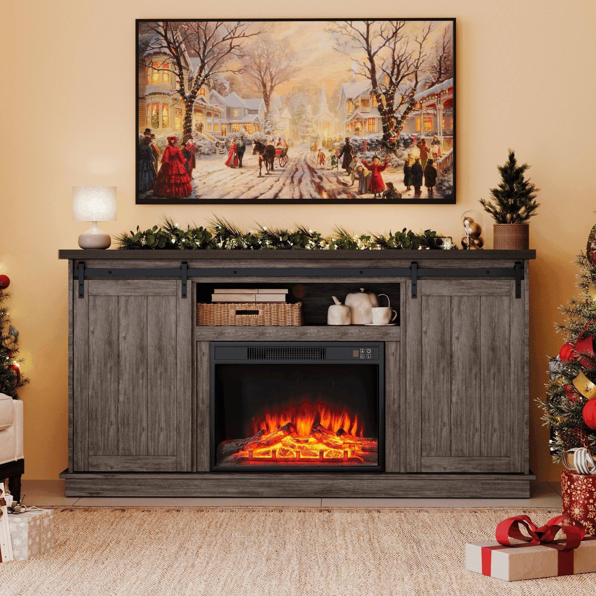 Back. U-HOMY - 63" Farmhouse Fireplace TV Stand with Sliding Barn Doors, Adjustable Shelves and Electric Heater for TVs up to 65" - Teak.