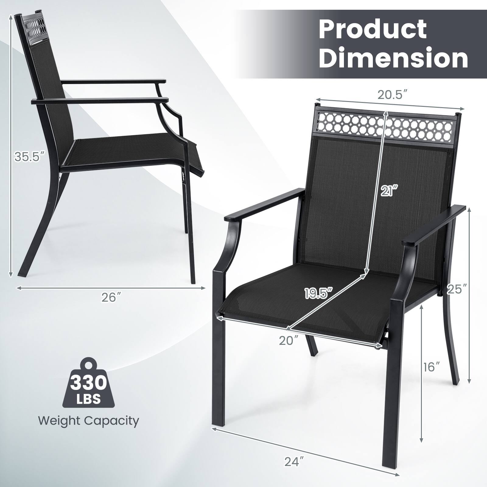 Product Dimension

- 20.5"
- 35.5"
- 21"
- 26"
- 19.5"
- 25"
- 20"
- 24"
- 16"

Weight Capacity: 330 LBS