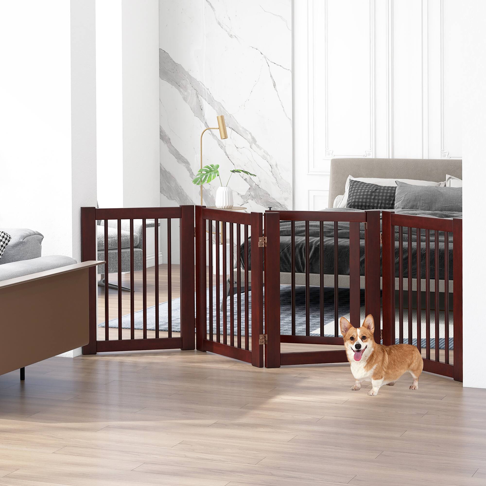 Alt View 4. Gymax - Gymax Freestanding Pet Gate 30'' Tall 4-Panel Wooden Dog Fence Solid Wood Foldable.
