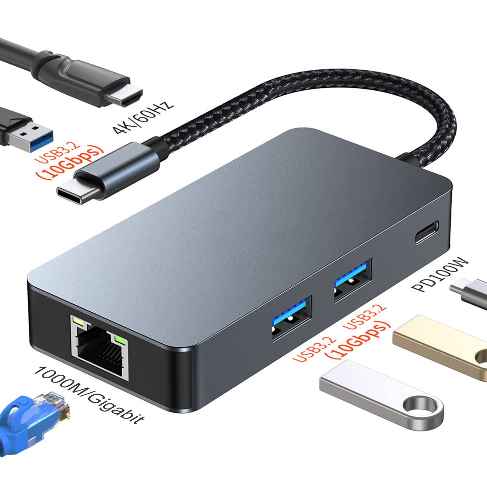 4K/60Hz USB3.2 1000M/Gigabit PD100W USB3.2 (10Gbps)