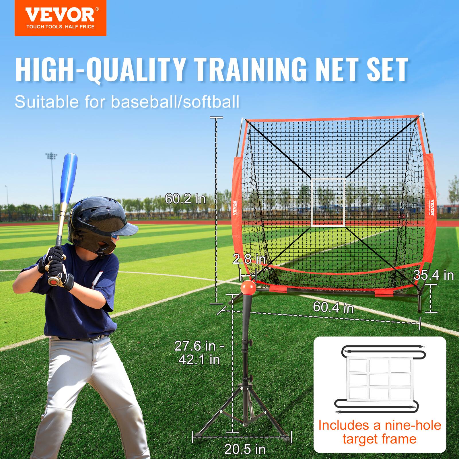 VEVOR TOUGH TOOLS, HALF PRICE HIGH-QUALITY TRAINING NET SET Suitable for baseball/softball 60.2 in 2.8 in 35.4 in 60.4 in 27.6 in - 42.1 in 20.5 in Includes a nine-hole target frame
