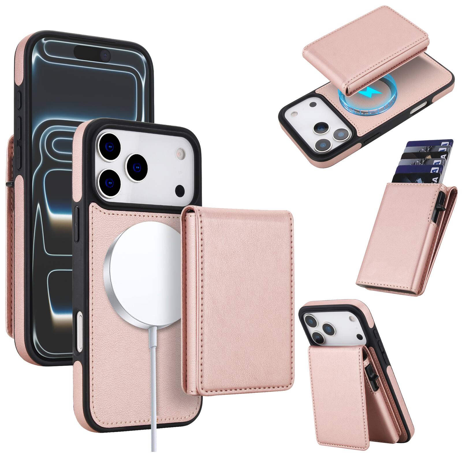 Alt View 5. Dteck - 2-in-1 Magnetic Wallet Case for Apple iPhone 17 Pro Max, Detachable Folio Cover with RFID Blocking & Dual Kickstand - Rosegold.