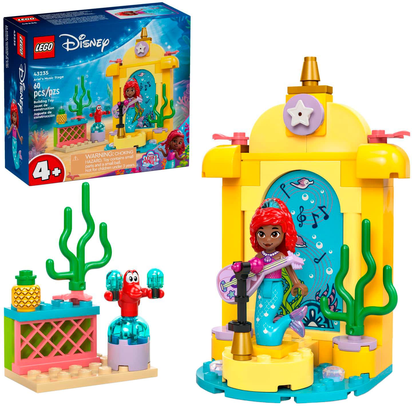 The text on the image reads: "Disney LEGO 43235 Ariel's Music Stage 60 pcs/pzs Buddling The Joy of Construction Toy amal bal. ARIEL contains small parts and under 5 Syoas 4+ Not for children under 3 years."