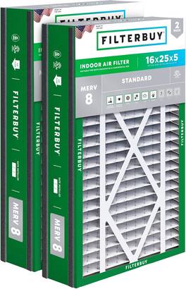 Filterbuy - 16x25x5 MERV 8 Dust & Allergy Defense, Pleated HVAC AC Furnace Air Filters Replacement for Trion Air Bear (2-Pack) - Silver