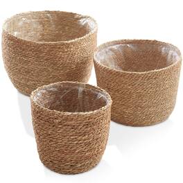 Casafield - Set of 3 Seagrass Planter Baskets - Flower Pot Covers w Liners - Natural