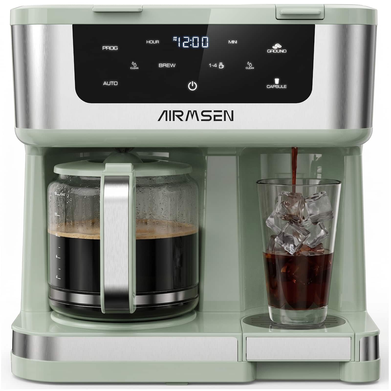 AIRMSEN - 12-Cup Drip Coffee Maker with K Cup, Programmable, 1-4 Cup, Single Serve/Pot, Auto Shut-off, Spill-Free - Green