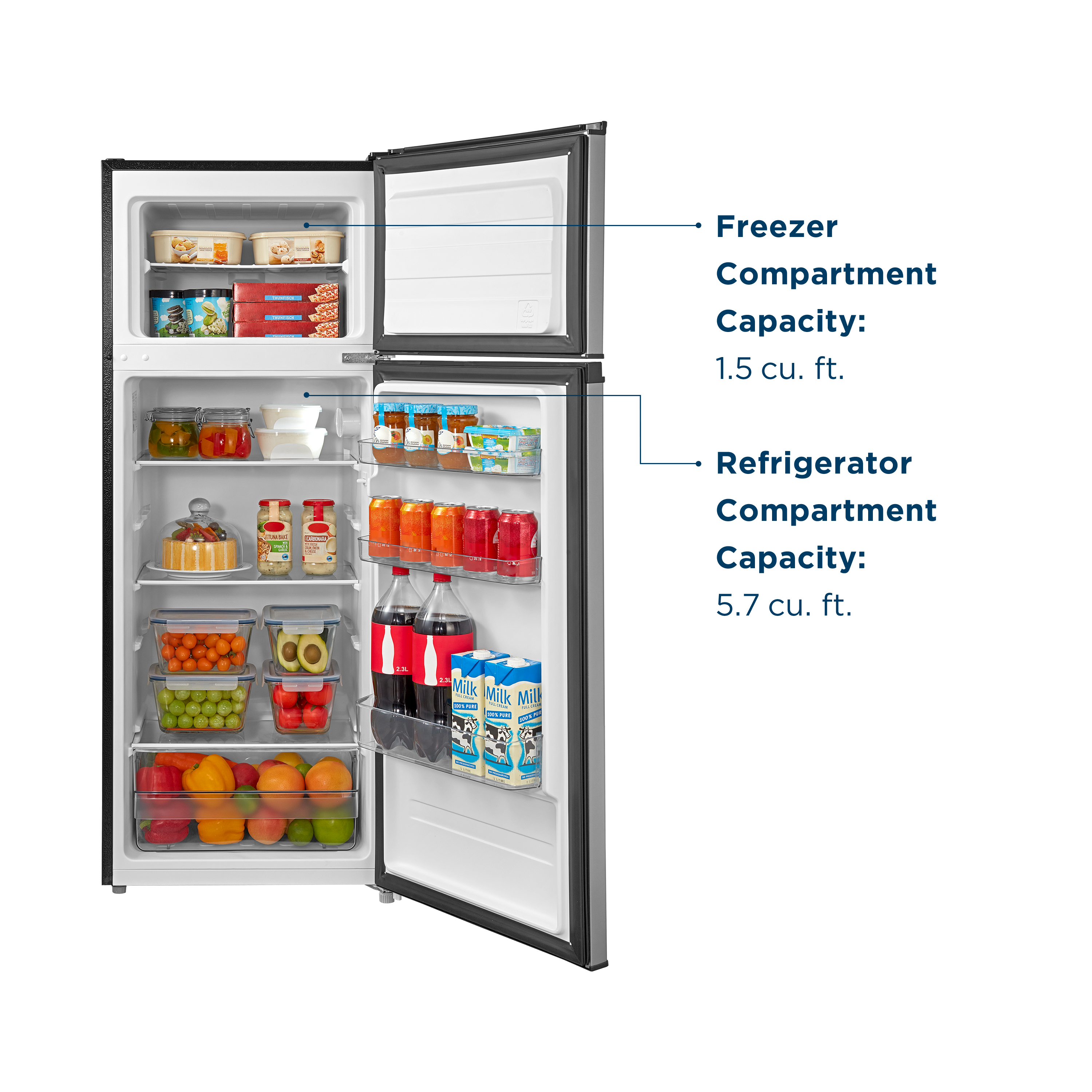Freezer Compartment  
Capacity: 1.5 cu. ft.  

Refrigerator Compartment  
Capacity: 5.7 cu. ft.