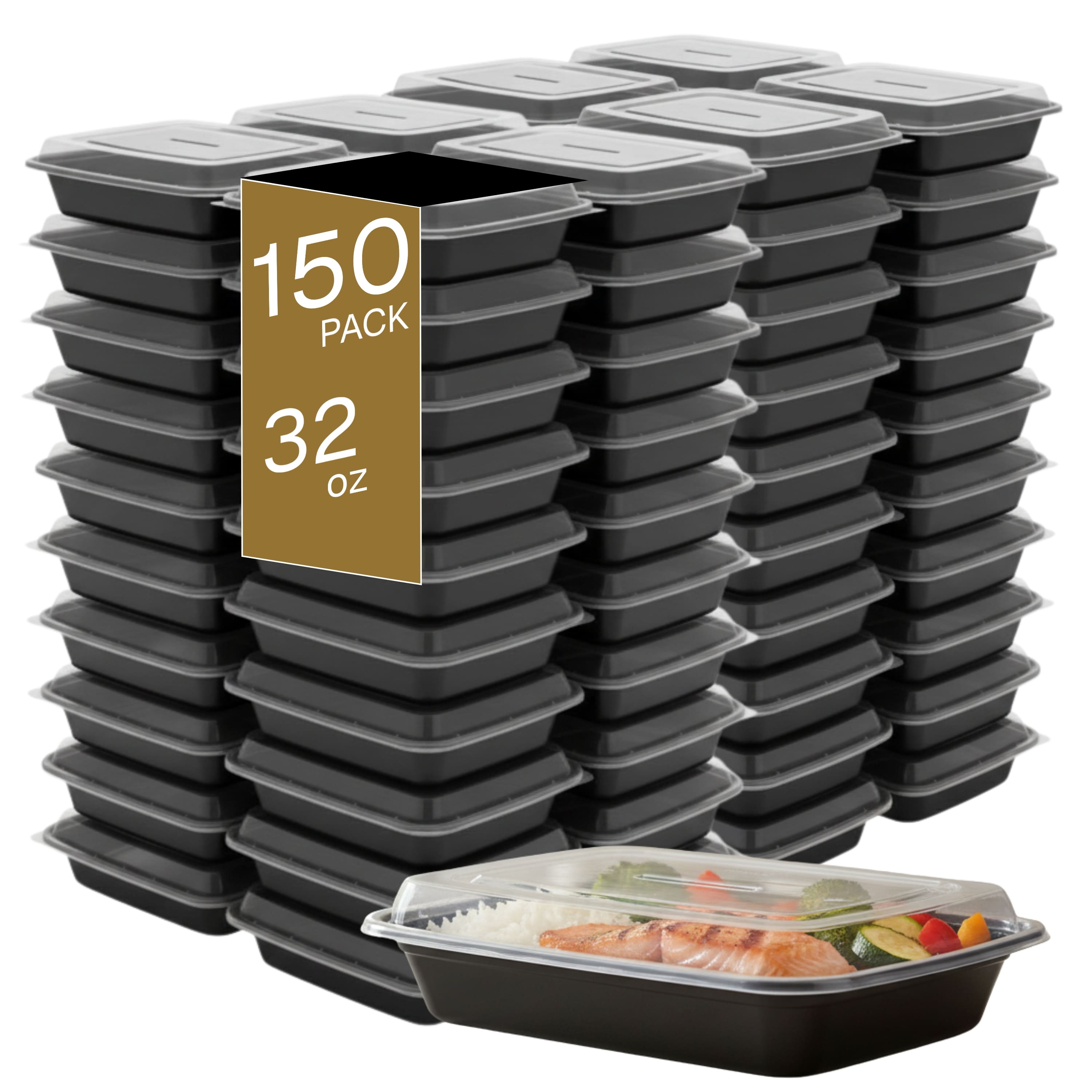 Eco Harmony Products - Microwaveable Container (Shallow) with Lid, 32oz, 150-Pack - Black