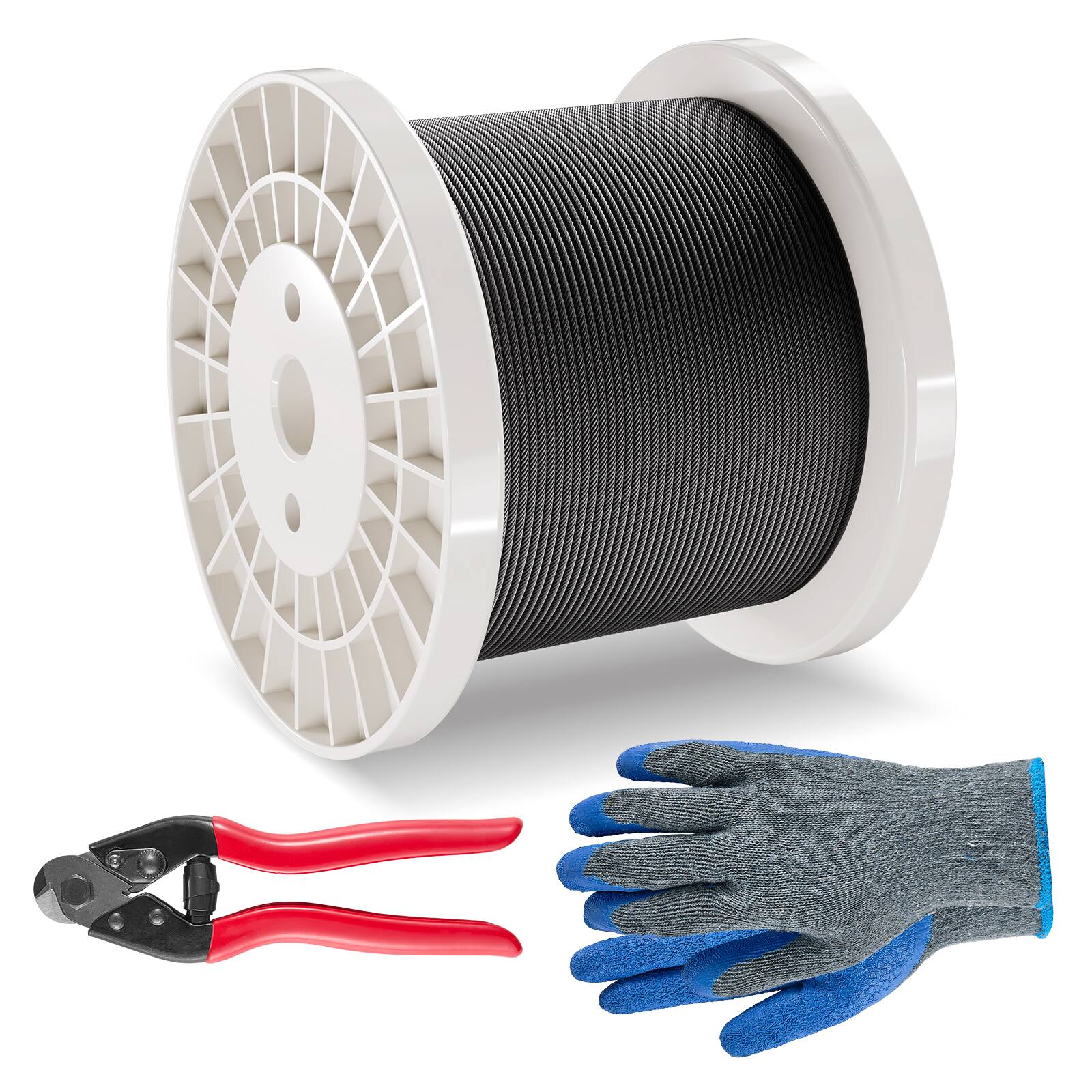 Front. VEVOR - Wire Rope Kit, 1/8" 500 ft 316 Stainless Steel Cable with Cutter and Gloves, 1600 lbs Breaking Strength - Black.