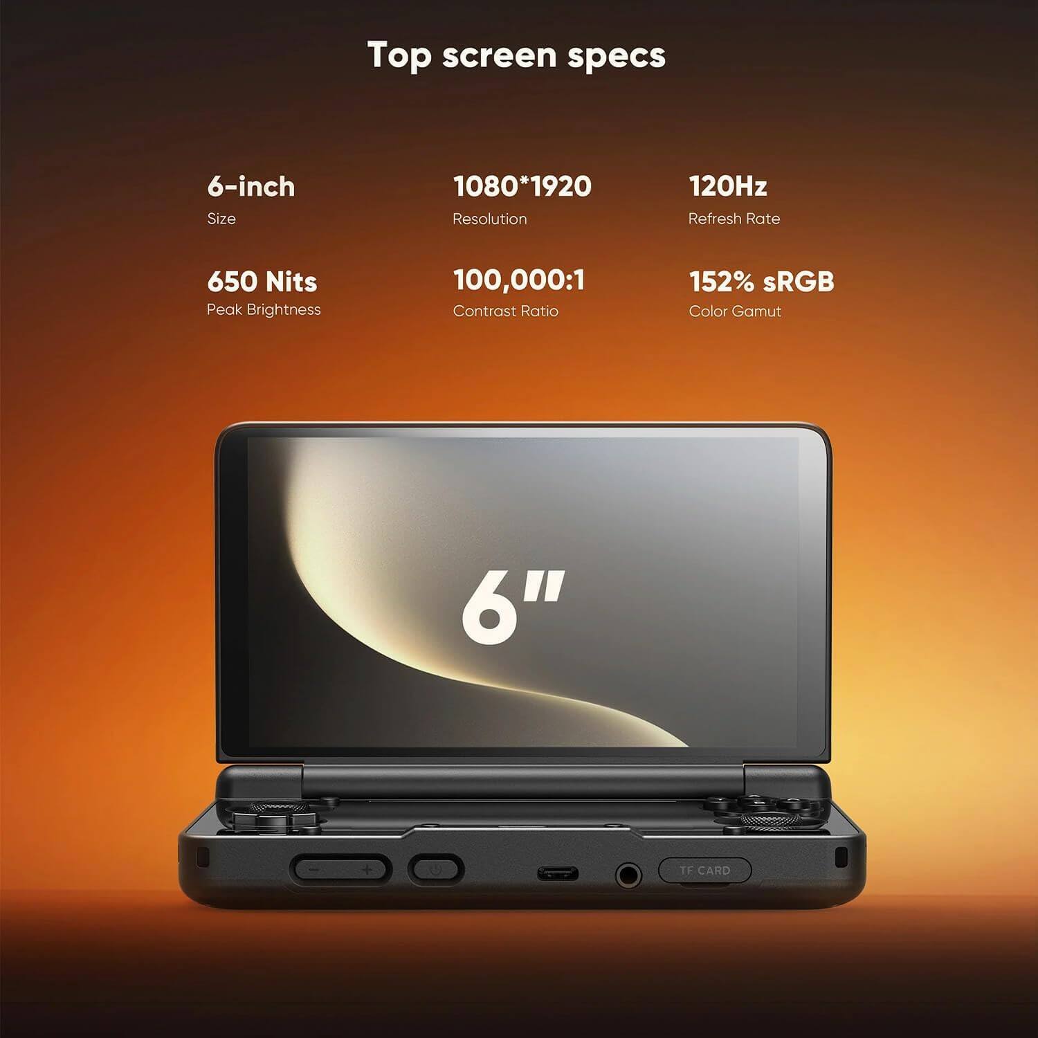 Top screen specs

6-inch
Size

1080*1920
Resolution

120Hz
Refresh Rate

650 Nits
Peak Brightness

100,000:1
Contrast Ratio

152% sRGB
Color Gamut